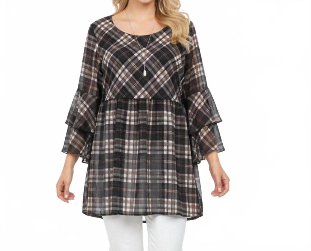 NEW SUZANNE BETRO gingham ruffle sleeve tunic top in black